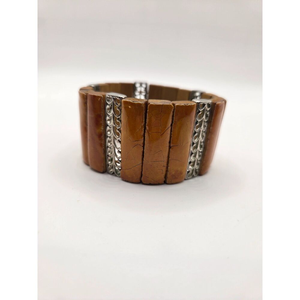 1796.  Vintage Stretch Panel Cuff Bracelet With Wood and Metal Panels
